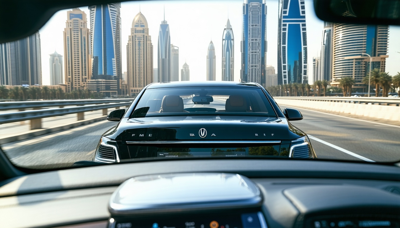 Chauffeur-driven car navigating Dubai cityscape