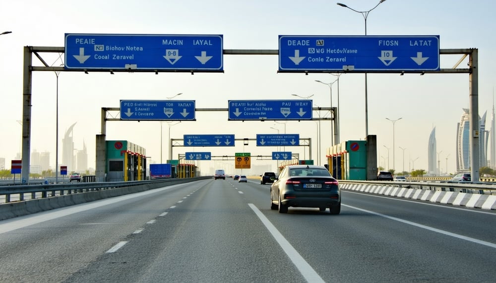 Dubai highway toll gate with cars passing smoothly Dubai highway toll gate with cars passing smoothly