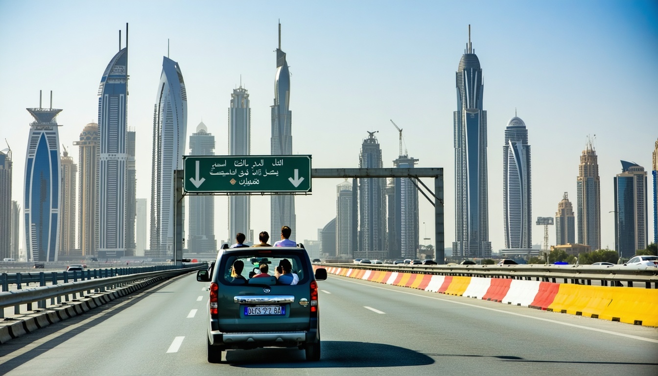 Tourists enjoying iconic Dubai landmarks in Toll Way Travel vehicle